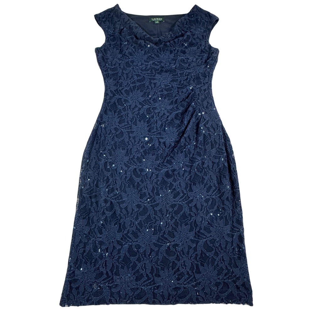 Lauren Ralph Lauren Navy Blue Sequin Floral Lace Cowl Neck Sheath Dress 10